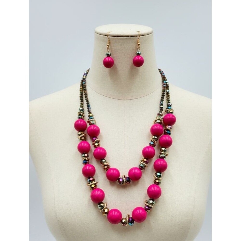 Hot Pink Faux Turquoise Magnesite Multi Strand Bead Necklace Matching Earrings